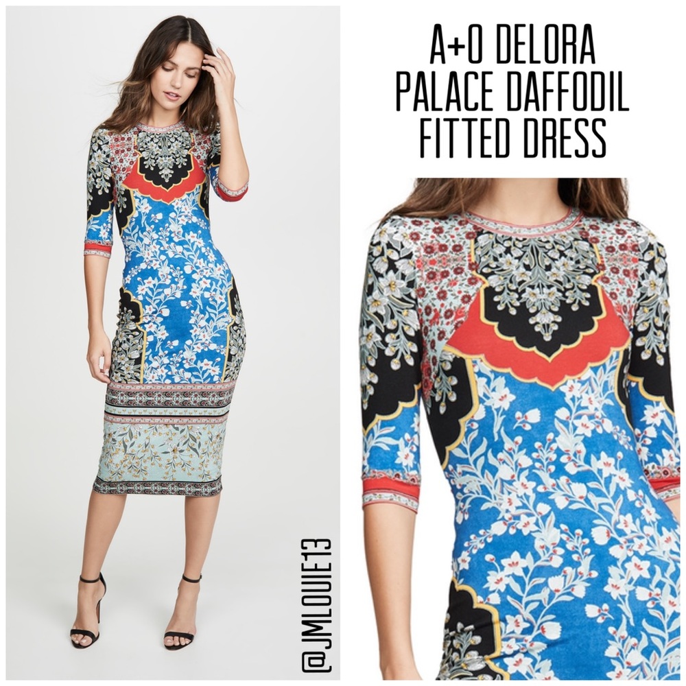 Alice + Olivia Delora Fitted Crew Neck Palace Daffodil Dress